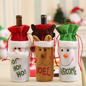 Christmas Wine Bottle Covers（Set of 9） with Drawstring Christmas Wine Bottle Decoration Reusable Wine Bags Dining Table Decorations Party Gifts Decor Santa Clause，Snowman，Reindeer (C)