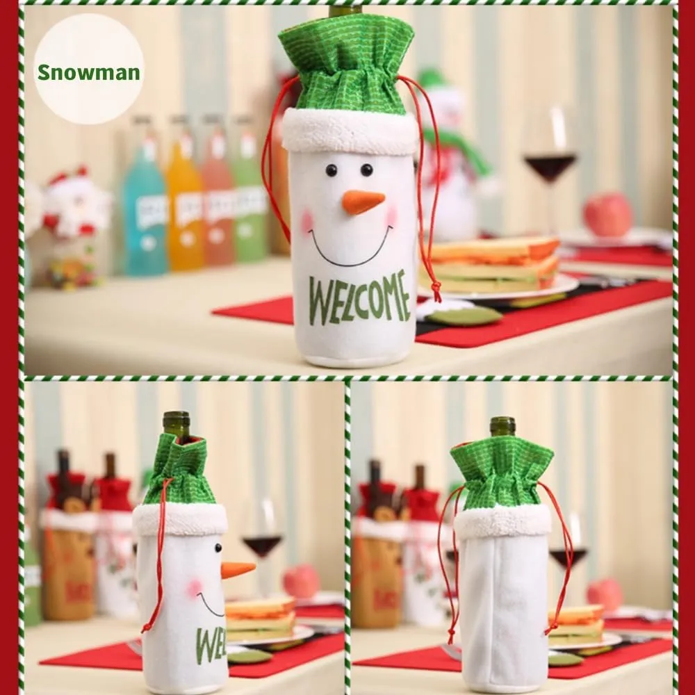 Christmas Wine Bottle Covers（Set of 9） with Drawstring Christmas Wine Bottle Decoration Reusable Wine Bags Dining Table Decorations Party Gifts Decor Santa Clause，Snowman，Reindeer (C)