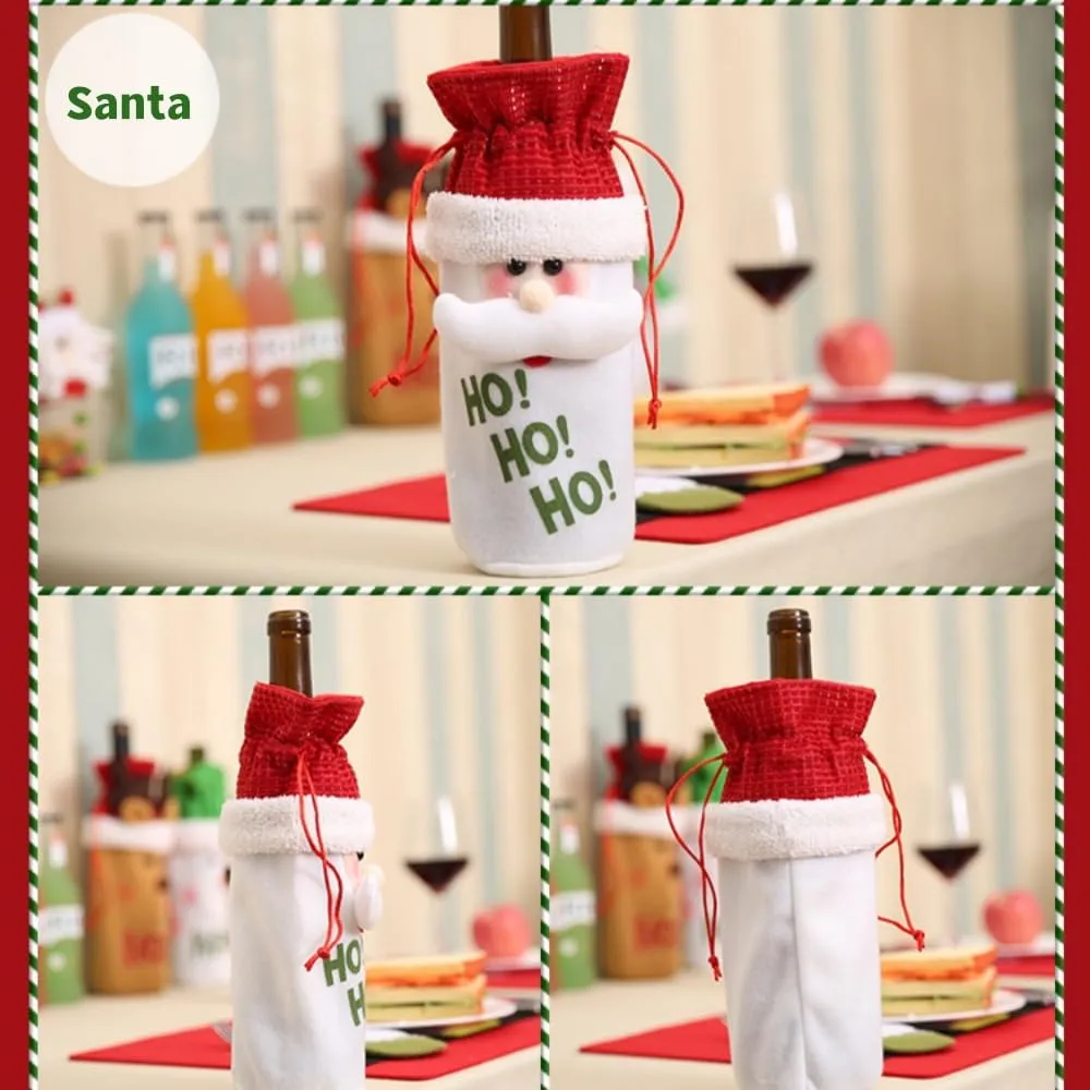 Christmas Wine Bottle Covers（Set of 9） with Drawstring Christmas Wine Bottle Decoration Reusable Wine Bags Dining Table Decorations Party Gifts Decor Santa Clause，Snowman，Reindeer (C)