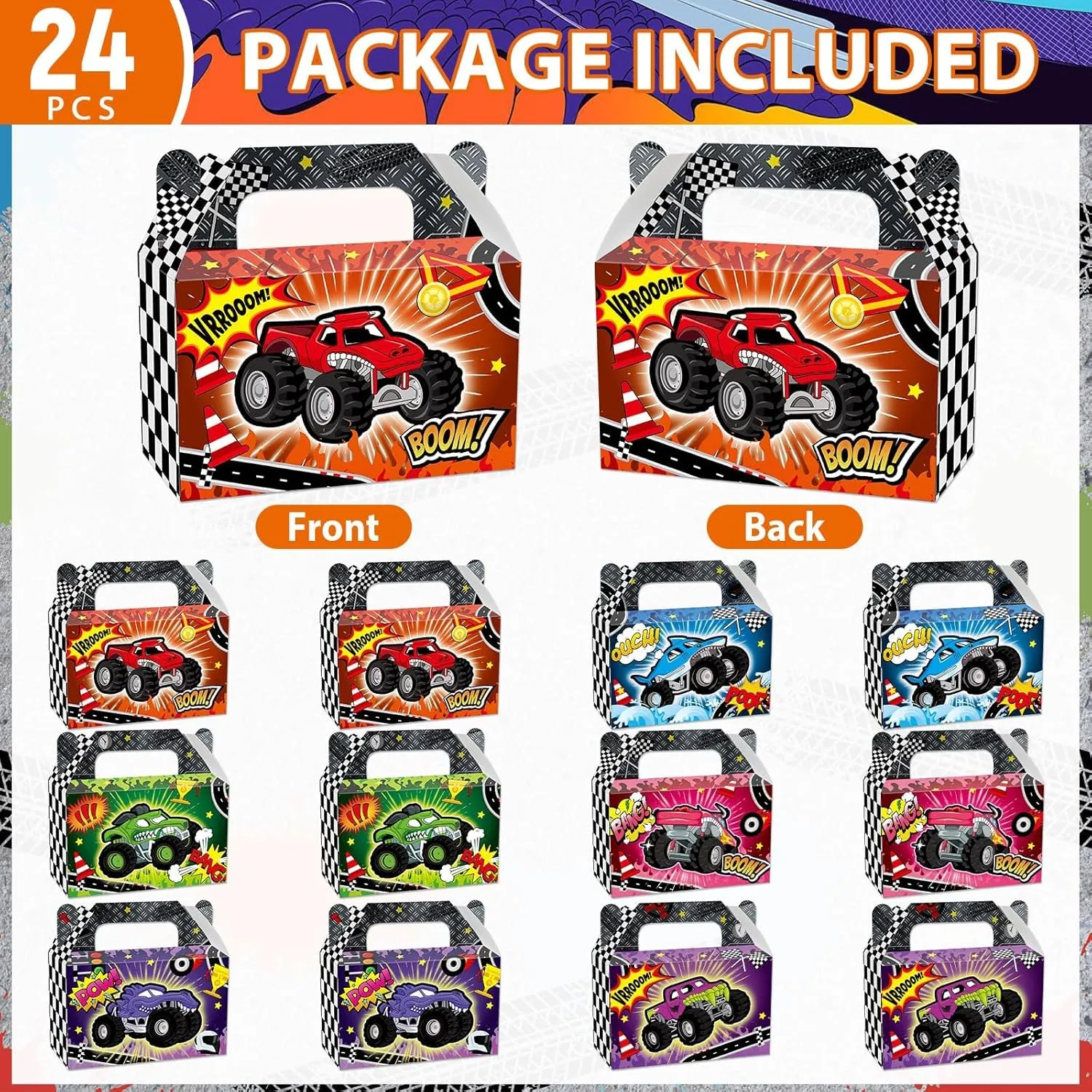 CHUNNIN 24Pcs Monster Truck Treat Boxes Racing Car Birthday Party Decorations Trucks Theme Paper Gift Box Supplies Goodie Bags for Kids Boys Girls Birthday Baby Shower Decor Race Cars Favors 6x3x3.6