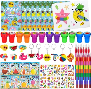 Cinrobiye 72 Pcs Summer Beach Party Favors, Pool Party Coloring Books with Pencils Bulk, Pineapple Flamingo Goodie Bag Fillers, Tattoos Stickers Stampers Rings Keychains Luau Hawaii Birthday Supplies