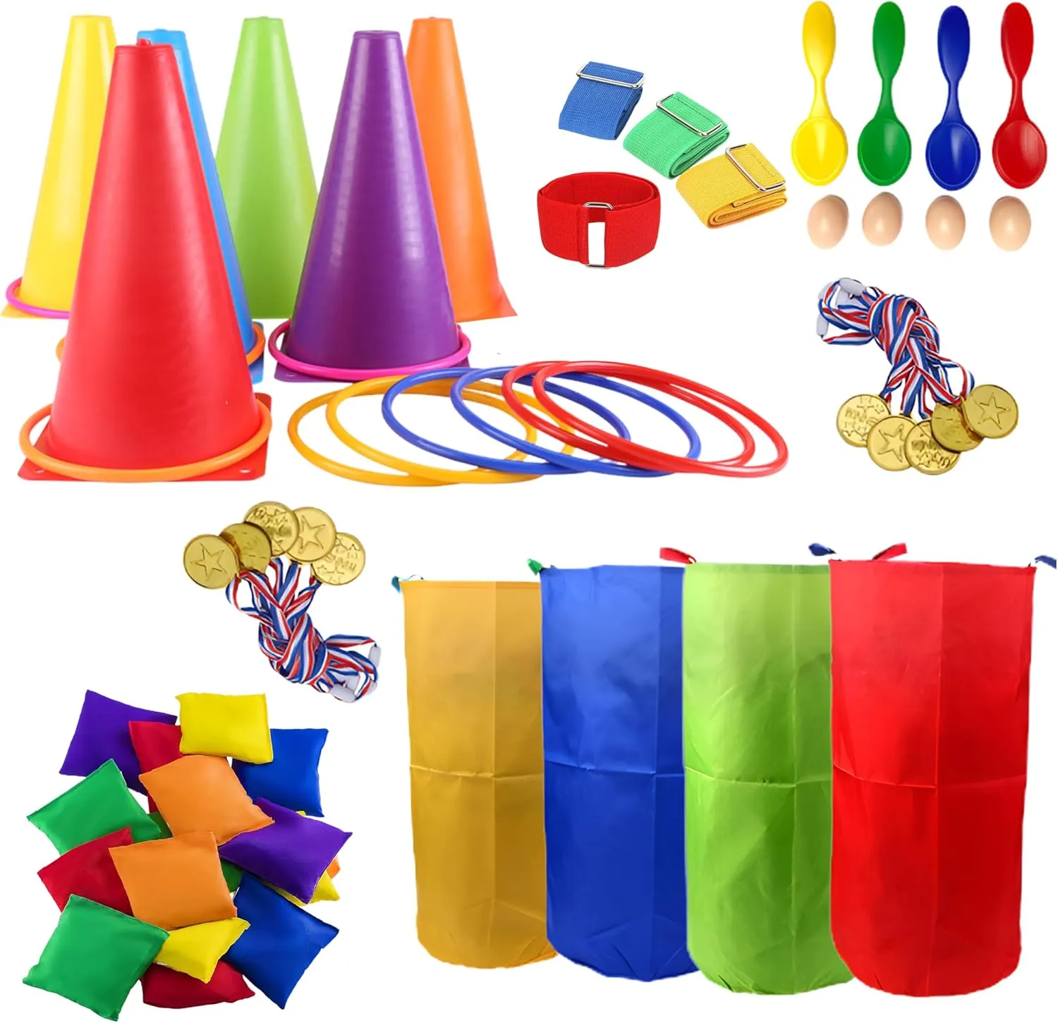 CircleCraft 53 Pcs. Plastic Cones and Rings Games Ring Toss Games for Adults Carnival Games Potato Sack Race Bags Egg & Spoon Bean Bag Birthday Party Outdoor Games for Family Party