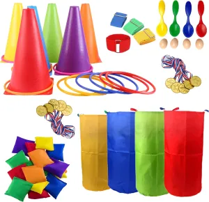 CircleCraft 53 Pcs. Plastic Cones and Rings Games Ring Toss Games for Adults Carnival Games Potato Sack Race Bags Egg & Spoon Bean Bag Birthday Party Outdoor Games for Family Party
