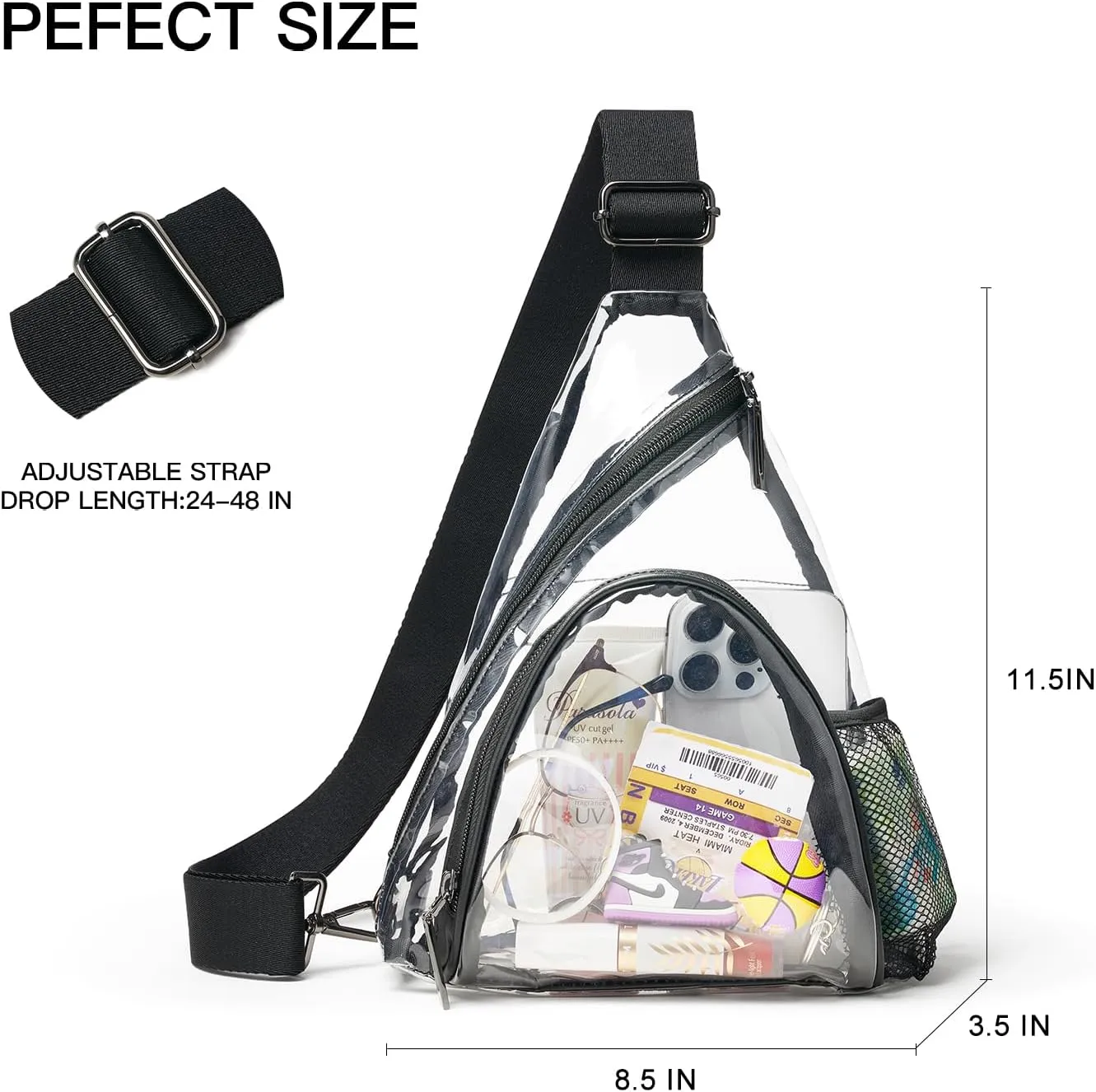 Clear bags Stadium Approved Crossbody Sling Bag Fanny Pack Backpack Purses for Women Men Handbag for Stadium Events Black