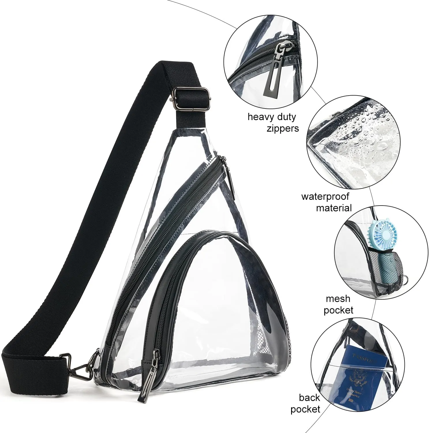 Clear bags Stadium Approved Crossbody Sling Bag Fanny Pack Backpack Purses for Women Men Handbag for Stadium Events Black