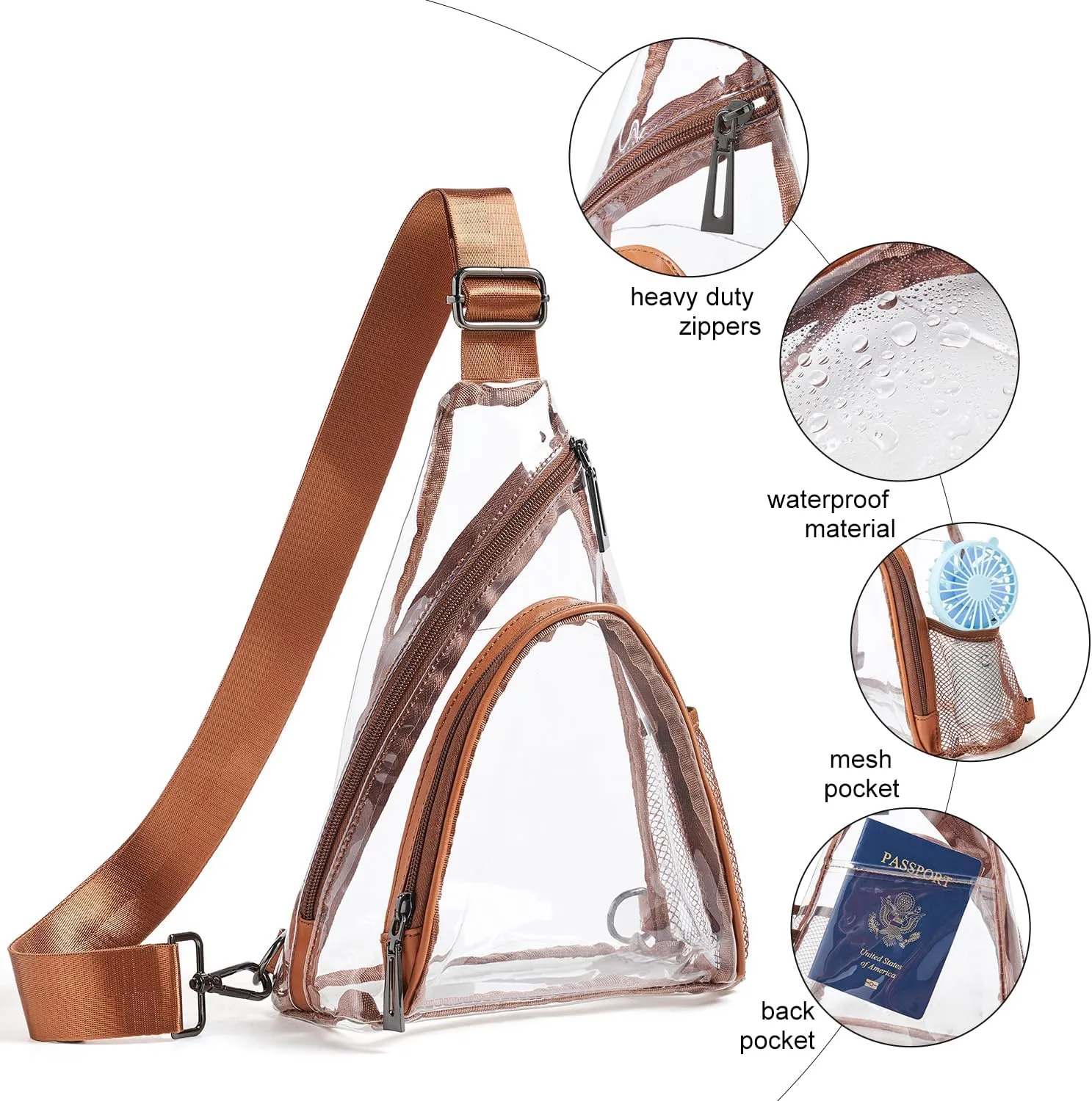 Clear bags Stadium Approved Crossbody Sling Bag Fanny Pack Backpack Purses for Women Men Handbag for Stadium Events Brown