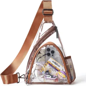 Clear bags Stadium Approved Crossbody Sling Bag Fanny Pack Backpack Purses for Women Men Handbag for Stadium Events Brown