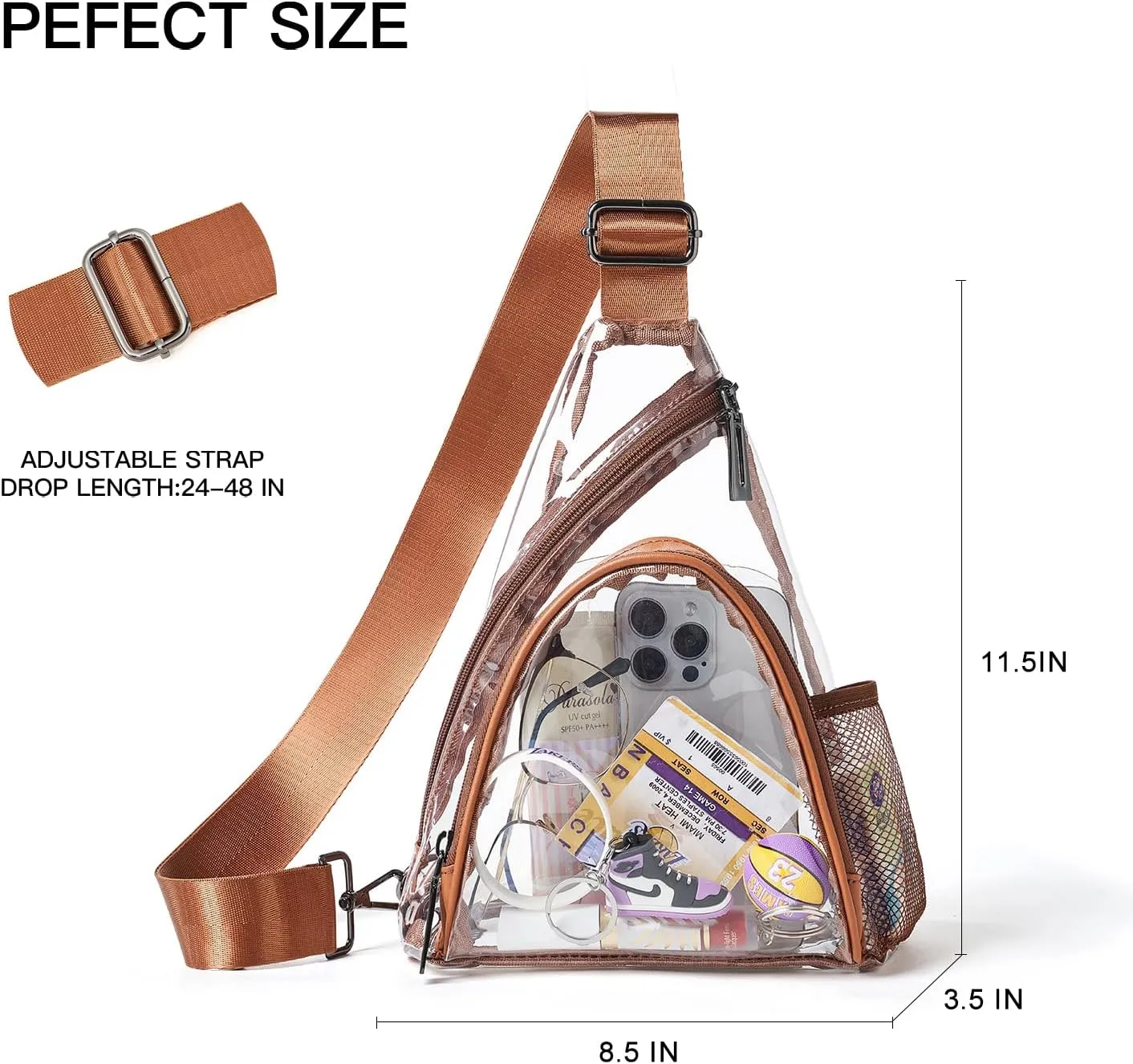 Clear bags Stadium Approved Crossbody Sling Bag Fanny Pack Backpack Purses for Women Men Handbag for Stadium Events Brown