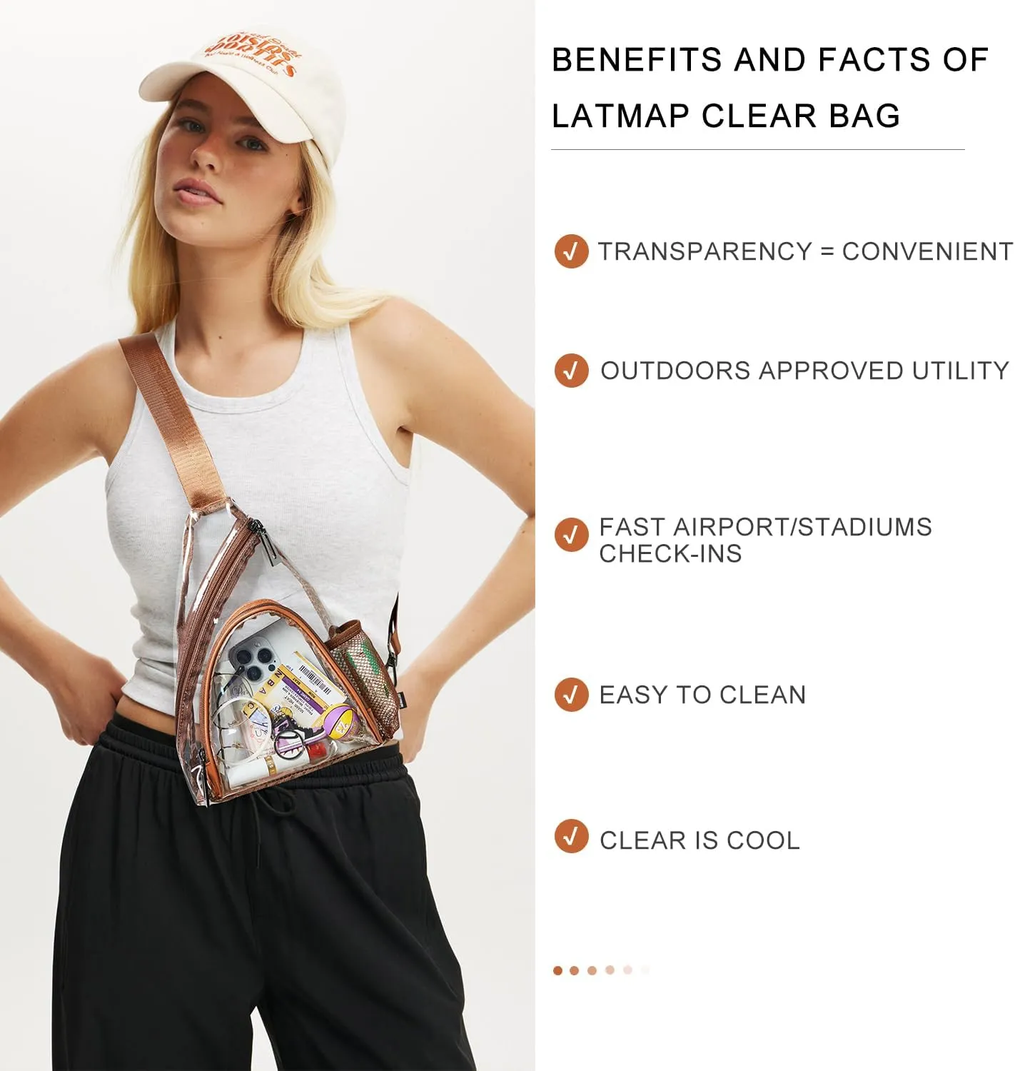 Clear bags Stadium Approved Crossbody Sling Bag Fanny Pack Backpack Purses for Women Men Handbag for Stadium Events Brown