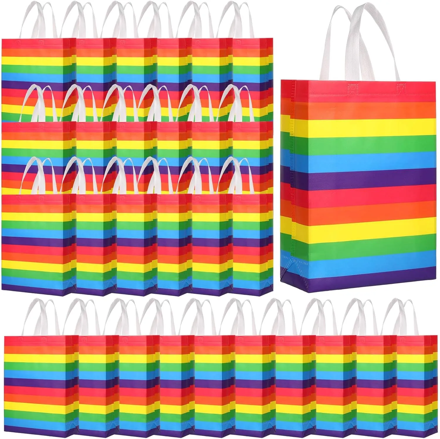 Clysee 30 Pack 14” Gay Pride Gift Bags Large Rainbow Gift Bags Bulk Reusable Party Favor Tote with Handle Non Woven Goodie for Wedding Birthday LGBT Awareness Month Party Supplies, 13.8 x 9.84 Inch