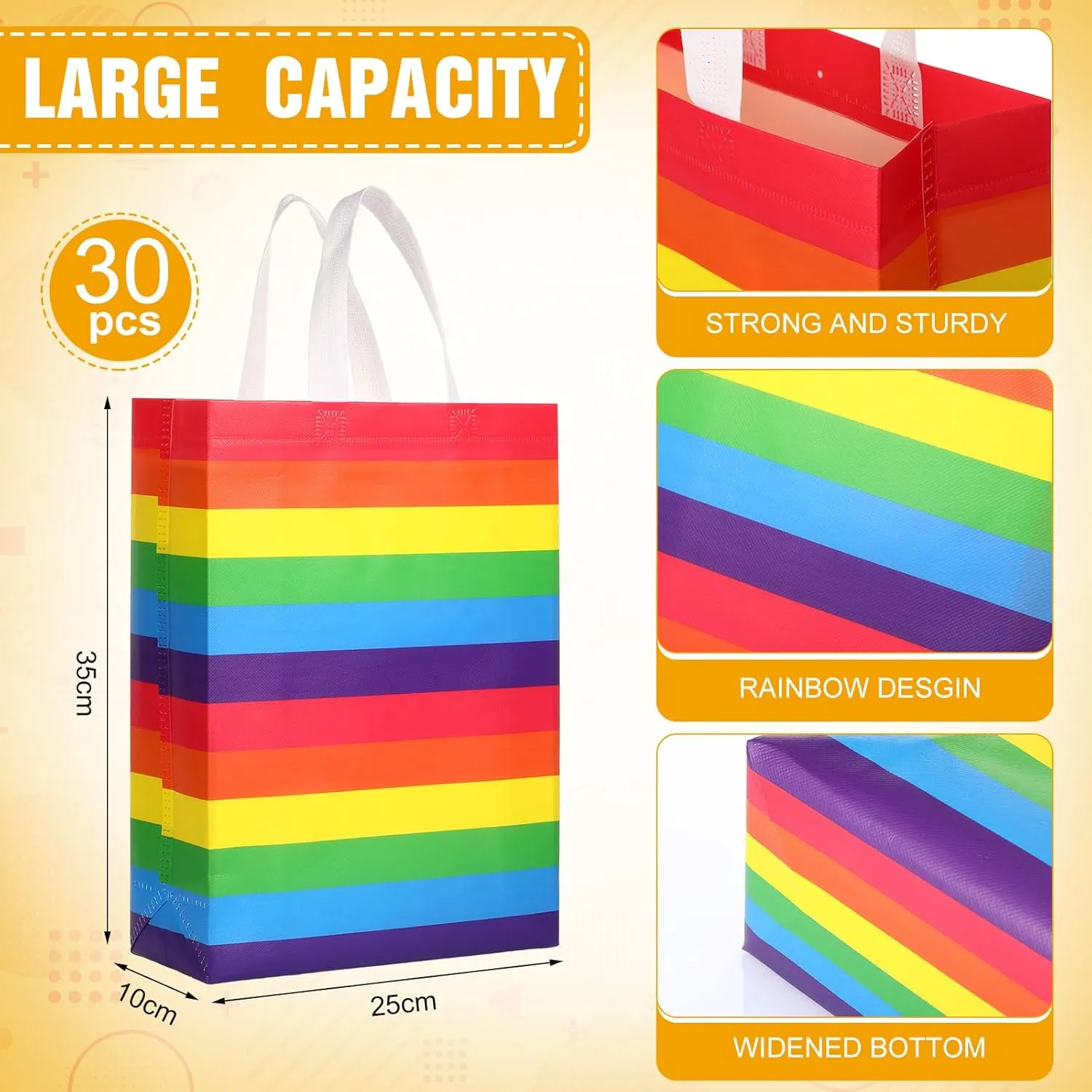Clysee 30 Pack 14” Gay Pride Gift Bags Large Rainbow Gift Bags Bulk Reusable Party Favor Tote with Handle Non Woven Goodie for Wedding Birthday LGBT Awareness Month Party Supplies, 13.8 x 9.84 Inch