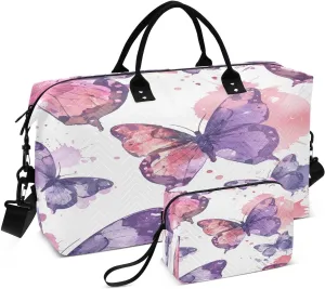 Colorful Butterfly Quilted Weekender Travel Bag with Toiletry Bag Gym Tote Handbag Carry On Duffel Bags-2Pack