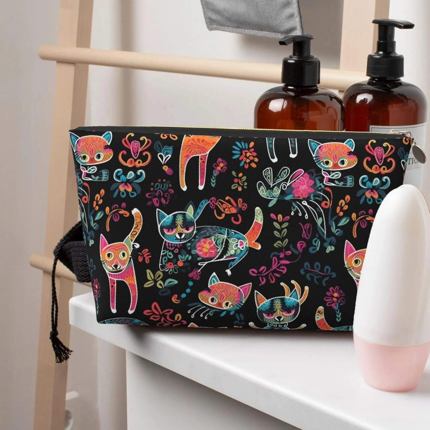 Colorful Cat With Flowers Womens Travel Makeup Bags Leather Cosmetic Bags Toiletry Organizer Pouch With Zipper