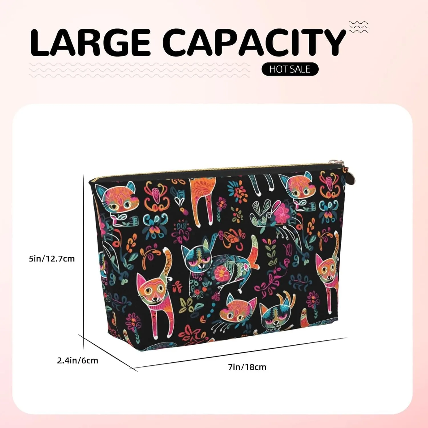 Colorful Cat With Flowers Womens Travel Makeup Bags Leather Cosmetic Bags Toiletry Organizer Pouch With Zipper
