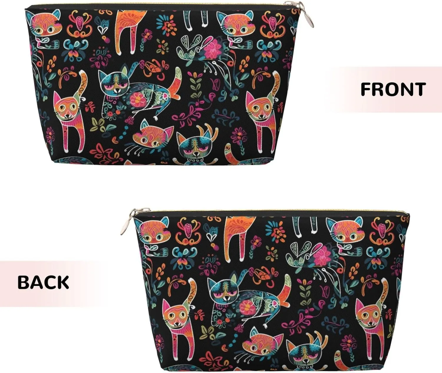 Colorful Cat With Flowers Womens Travel Makeup Bags Leather Cosmetic Bags Toiletry Organizer Pouch With Zipper