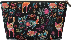 Colorful Cat With Flowers Womens Travel Makeup Bags Leather Cosmetic Bags Toiletry Organizer Pouch With Zipper
