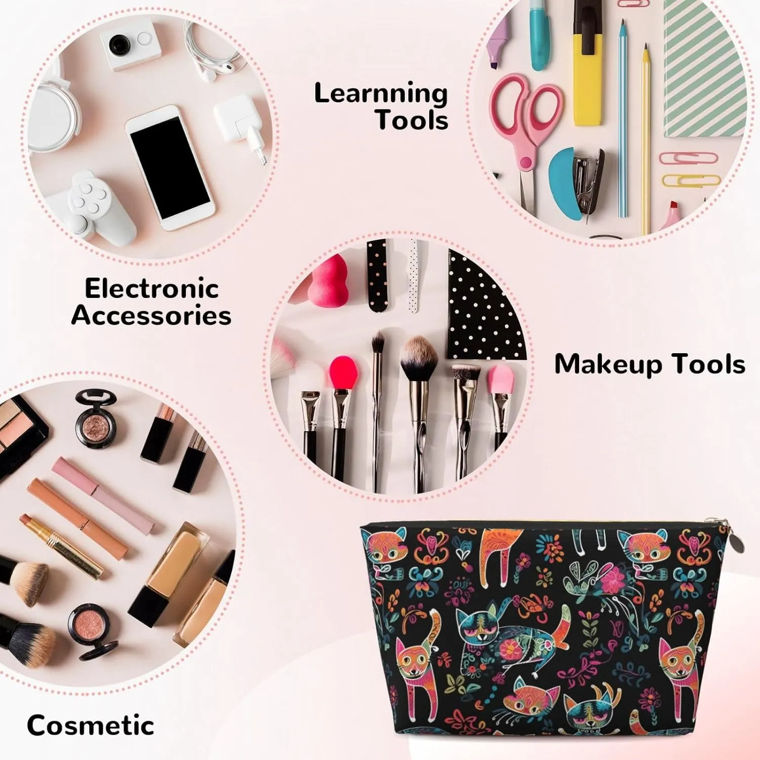 Colorful Cat With Flowers Womens Travel Makeup Bags Leather Cosmetic Bags Toiletry Organizer Pouch With Zipper