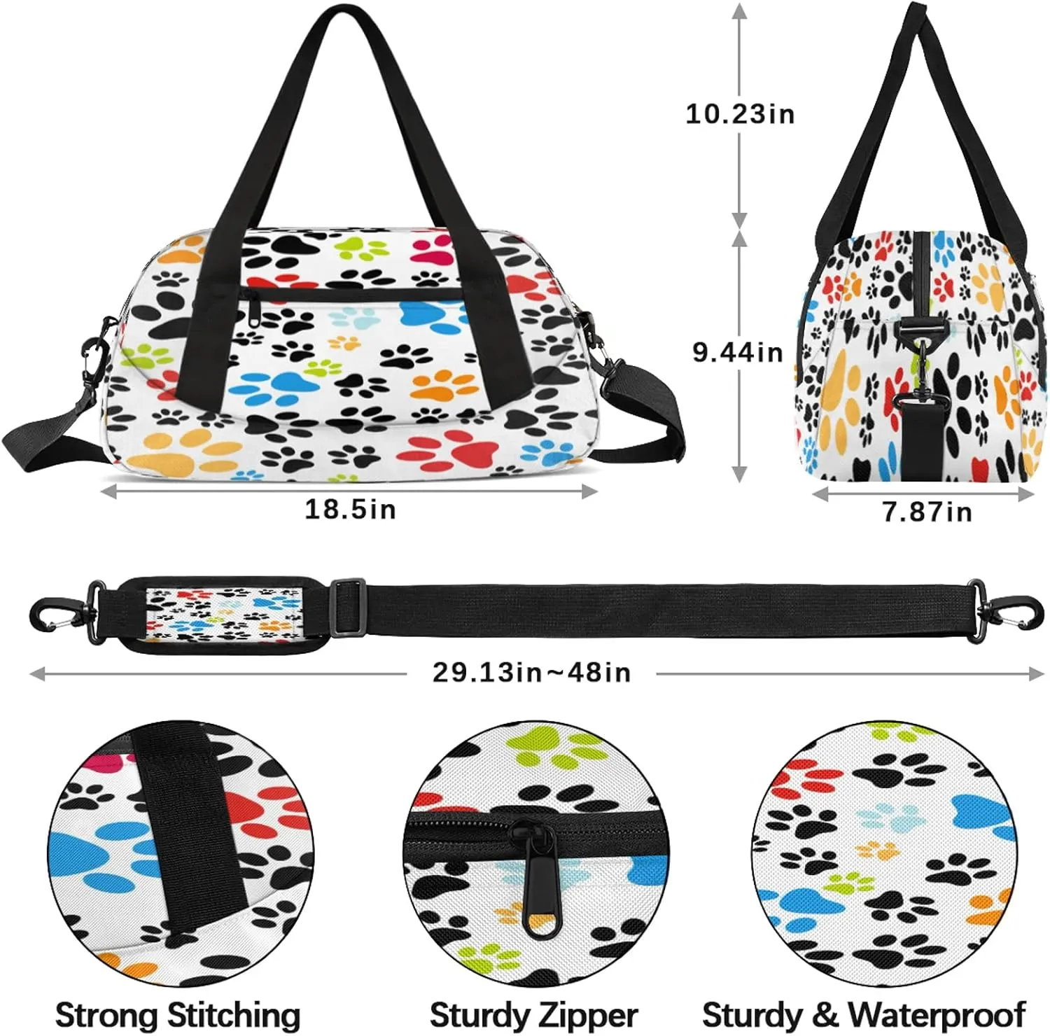 Colorful Dogs Paw Kids Duffel Bag Lightweight Waterproof Sports Gym Bag with Front Zipper Pocket Foldable Weekender Overnight Bag for School Practice Gymnastic Ballet