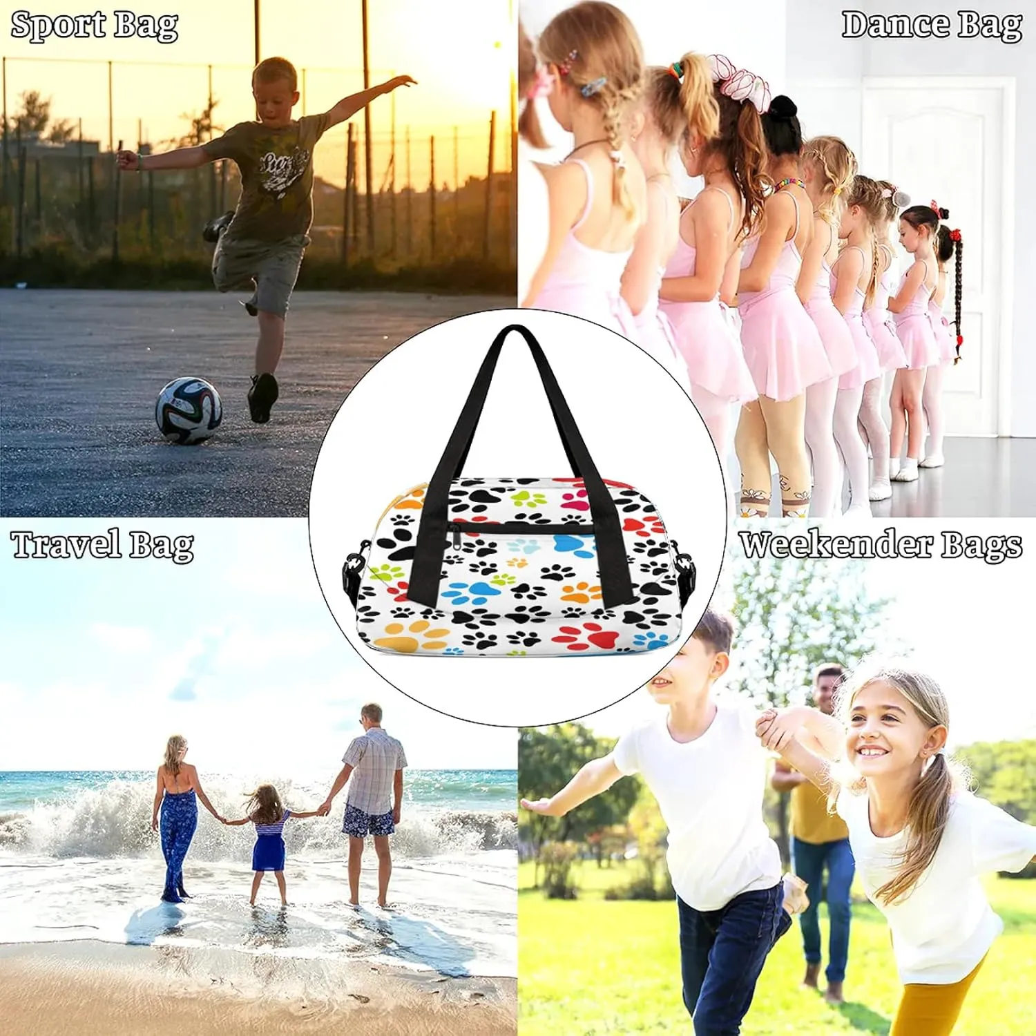 Colorful Dogs Paw Kids Duffel Bag Lightweight Waterproof Sports Gym Bag with Front Zipper Pocket Foldable Weekender Overnight Bag for School Practice Gymnastic Ballet