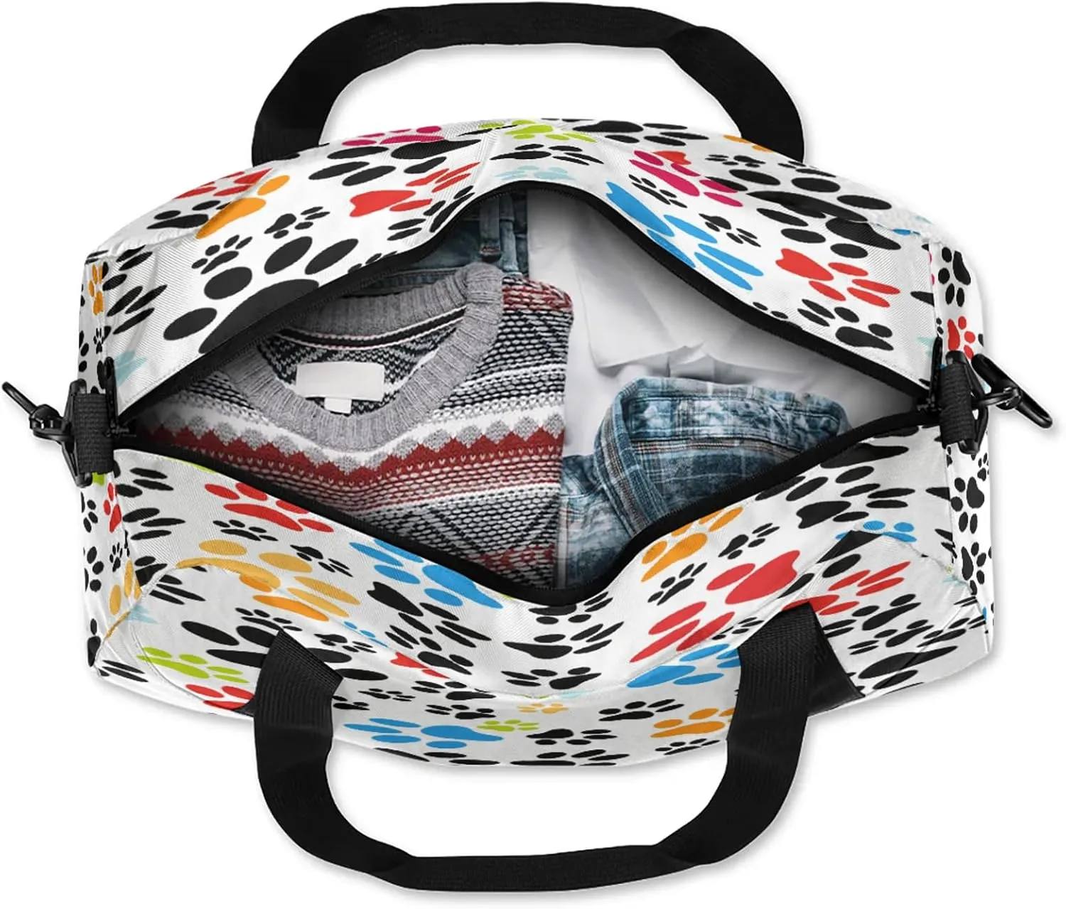 Colorful Dogs Paw Kids Duffel Bag Lightweight Waterproof Sports Gym Bag with Front Zipper Pocket Foldable Weekender Overnight Bag for School Practice Gymnastic Ballet