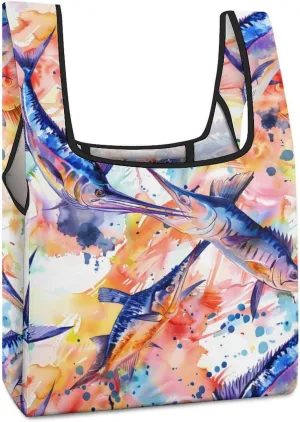Colorful Marlin Sailfish Watercolor Foldable Shopping Bags Reusable Grocery Tote Bag Portable Design for Men Women 16.5 X 24.4 Inch