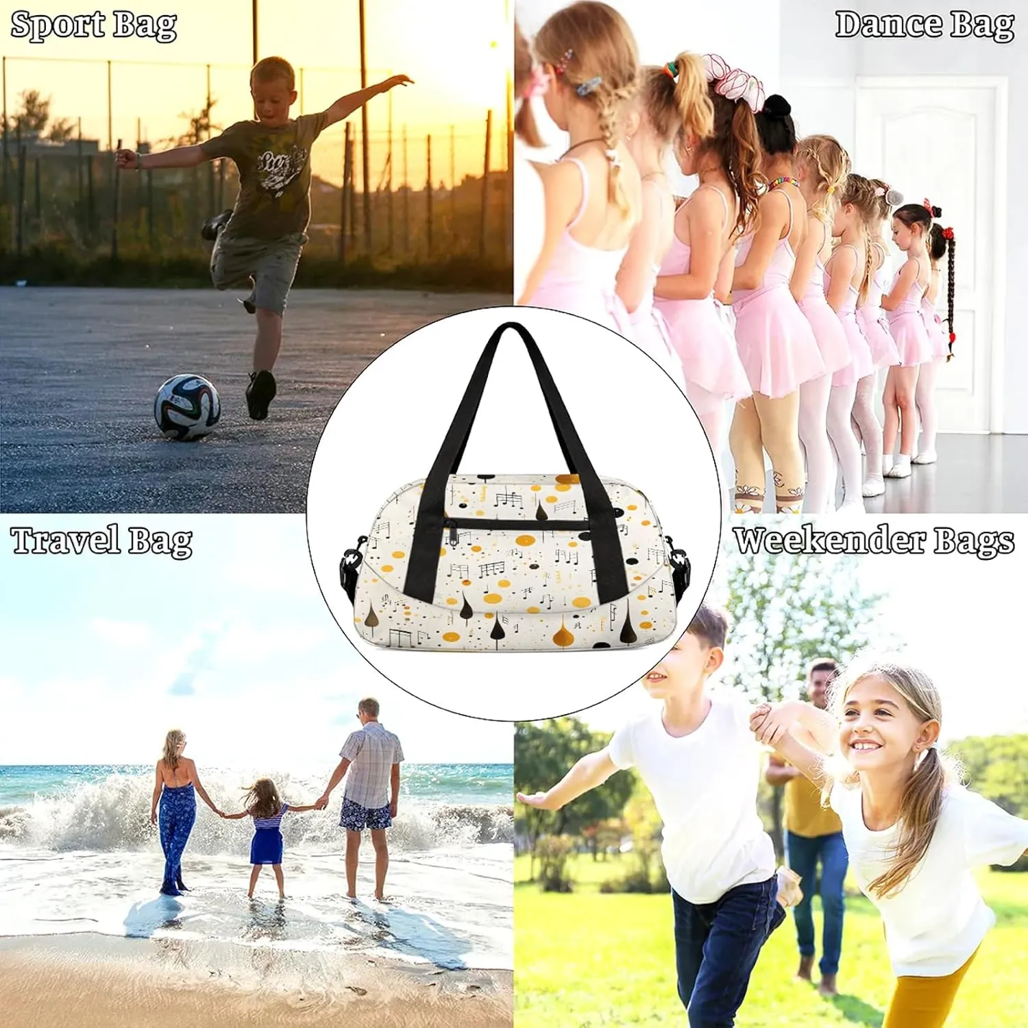 Colorful Music Note Print Kids Duffel Bag Lightweight Waterproof Sports Gym Bag with Front Zipper Pocket Foldable Weekender Overnight Bag for School Practice Gymnastic Ballet
