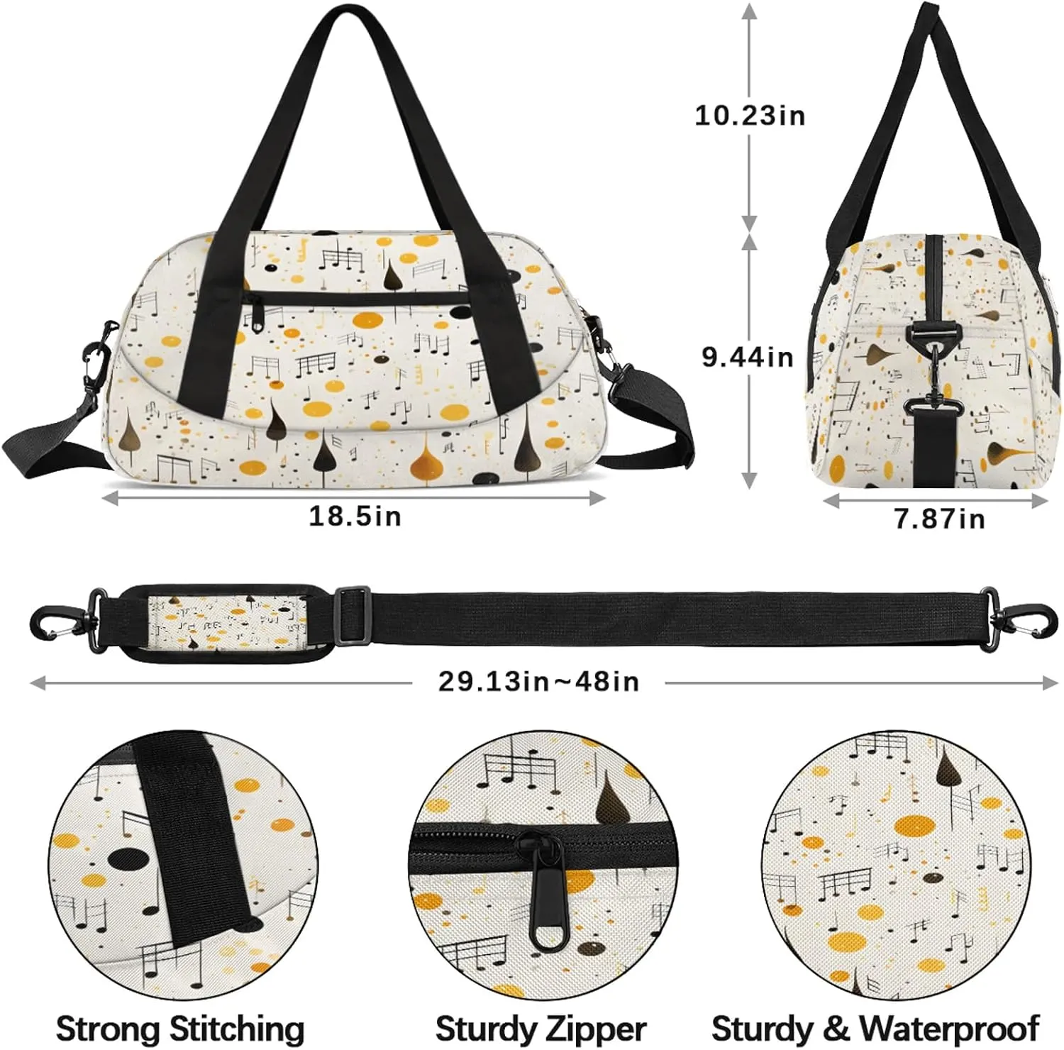 Colorful Music Note Print Kids Duffel Bag Lightweight Waterproof Sports Gym Bag with Front Zipper Pocket Foldable Weekender Overnight Bag for School Practice Gymnastic Ballet