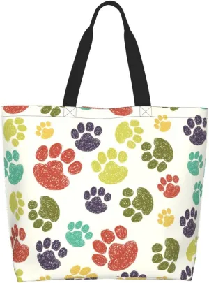 Colorful Paw Print Tote Bag for Women, Cute Dog Cat Paws Print Purse Gifts for Cat Dog Lovers, Shoulder Reusable Shopping Handbags Casual Travel Polyester Summer Beach Grocery Bag Holiday Gifts