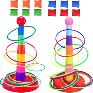 Colorful Plastic Sport Ring Toss Game Set for Kids,2 Colorful Columns 48 Rings 12 Bean Bags,Outside Toys Carnival Ring Circle Game,Outdoor Kids Sports Educational Toys
