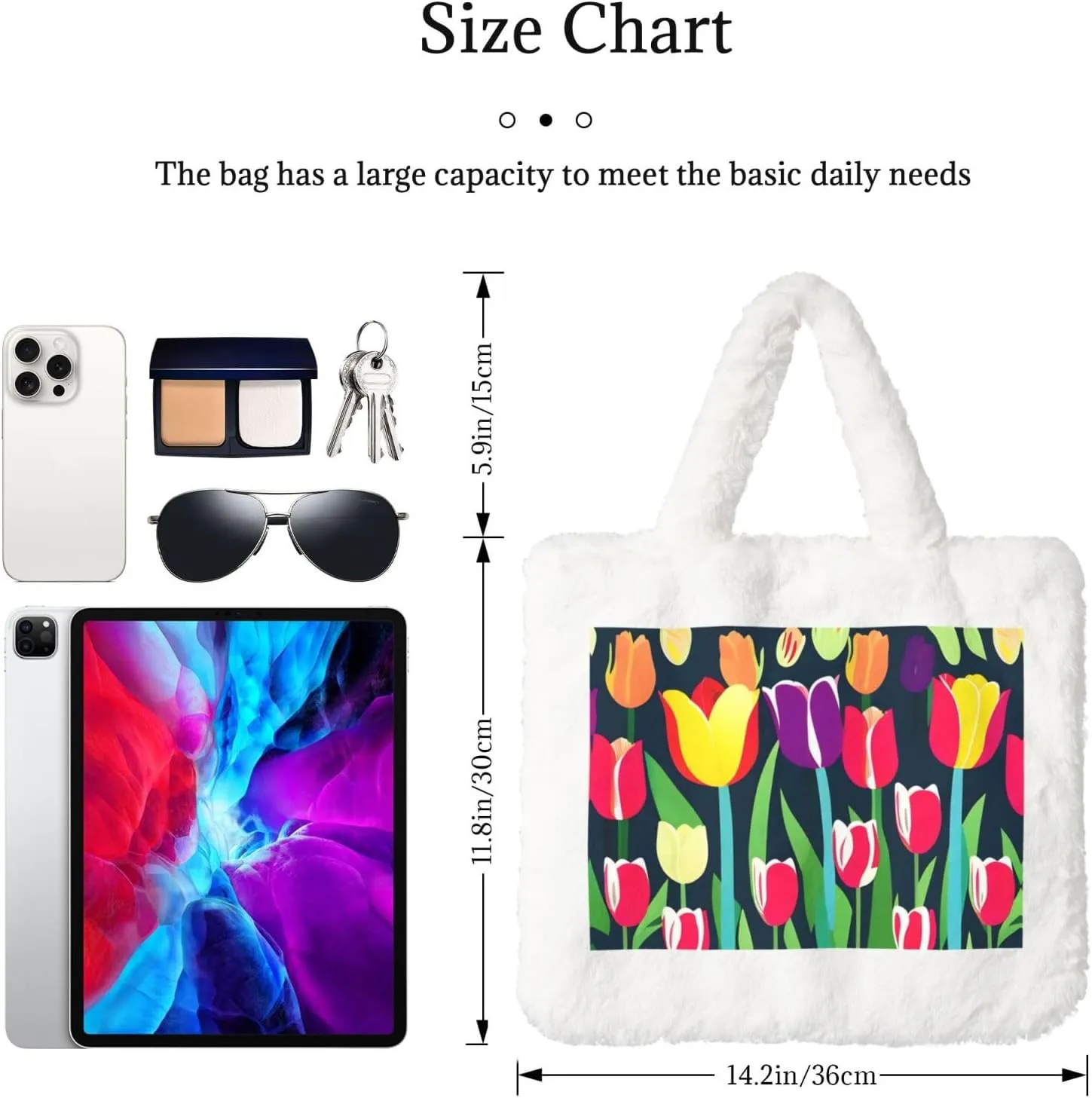 Colorful Tulips Printing Fluffy Shoulder Bag Ladies Plush Underarm Bag Tote Bag Furry Purse Handbag For Work Travel