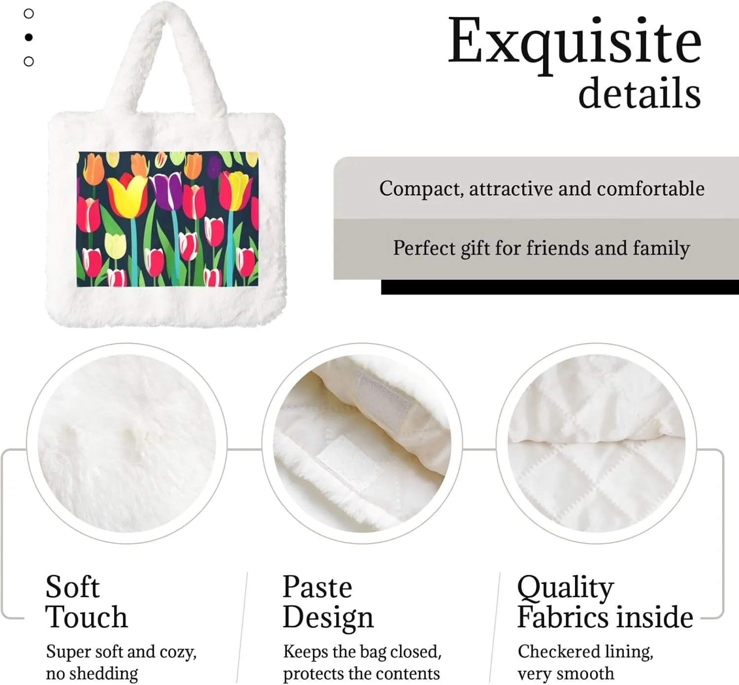 Colorful Tulips Printing Fluffy Shoulder Bag Ladies Plush Underarm Bag Tote Bag Furry Purse Handbag For Work Travel