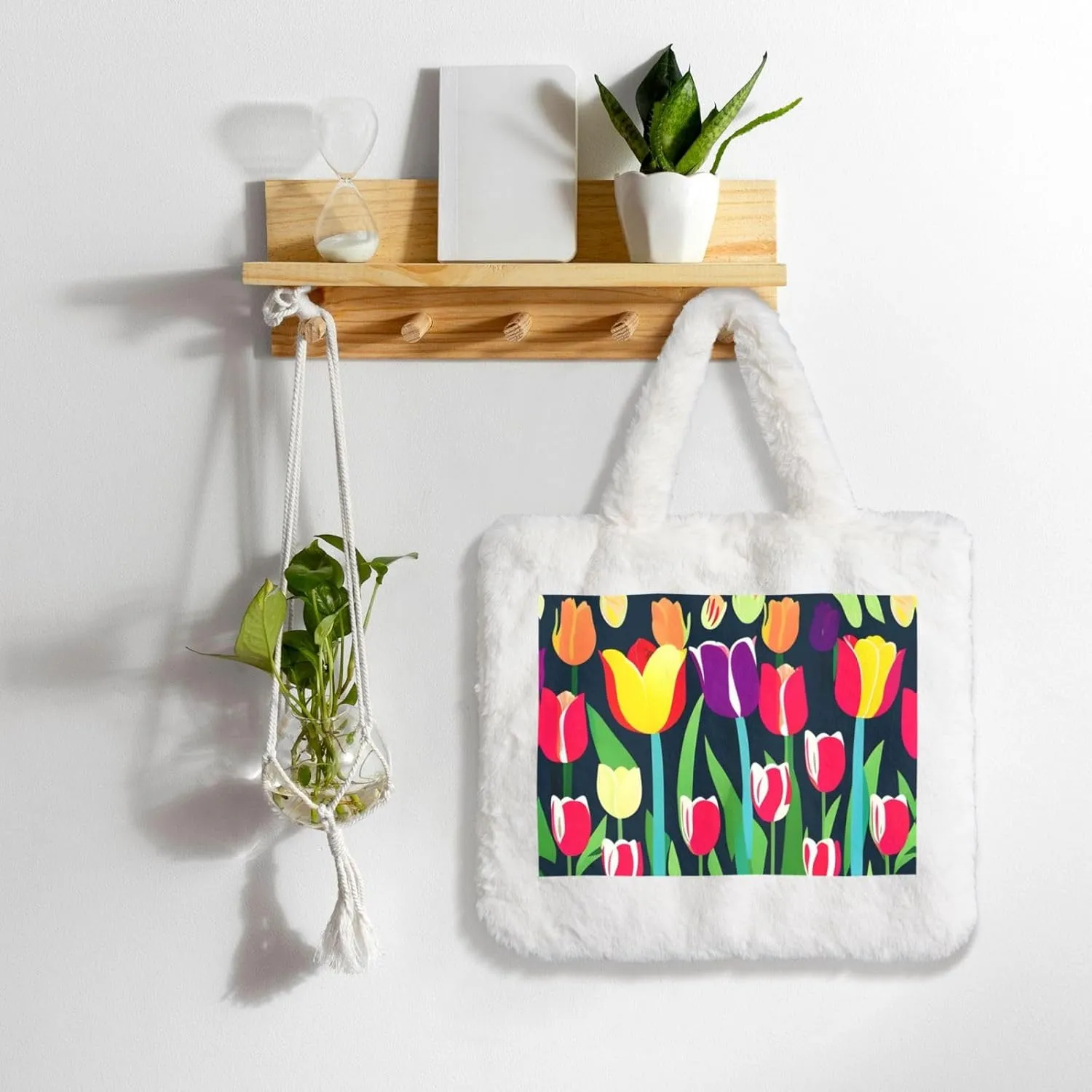 Colorful Tulips Printing Fluffy Shoulder Bag Ladies Plush Underarm Bag Tote Bag Furry Purse Handbag For Work Travel