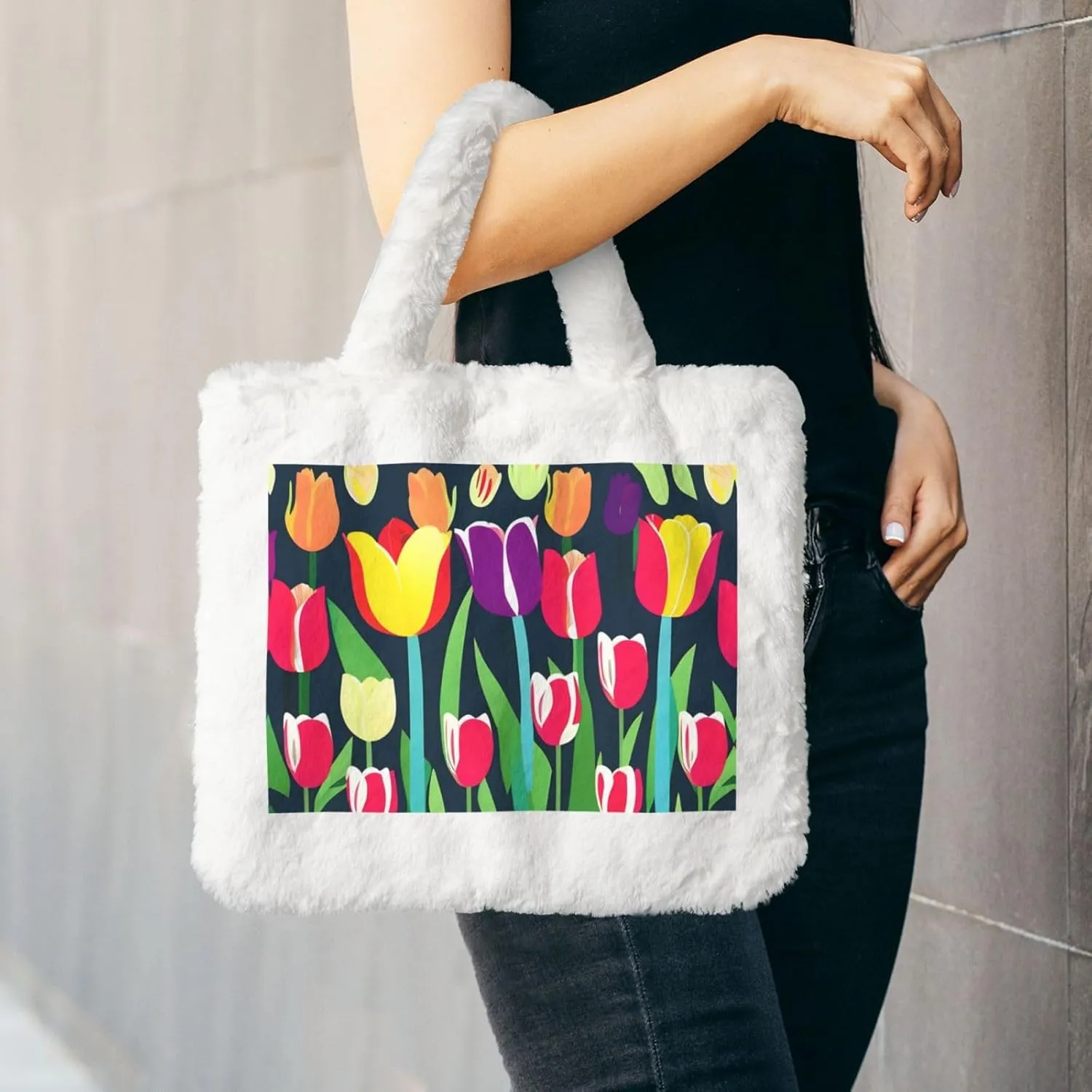 Colorful Tulips Printing Fluffy Shoulder Bag Ladies Plush Underarm Bag Tote Bag Furry Purse Handbag For Work Travel