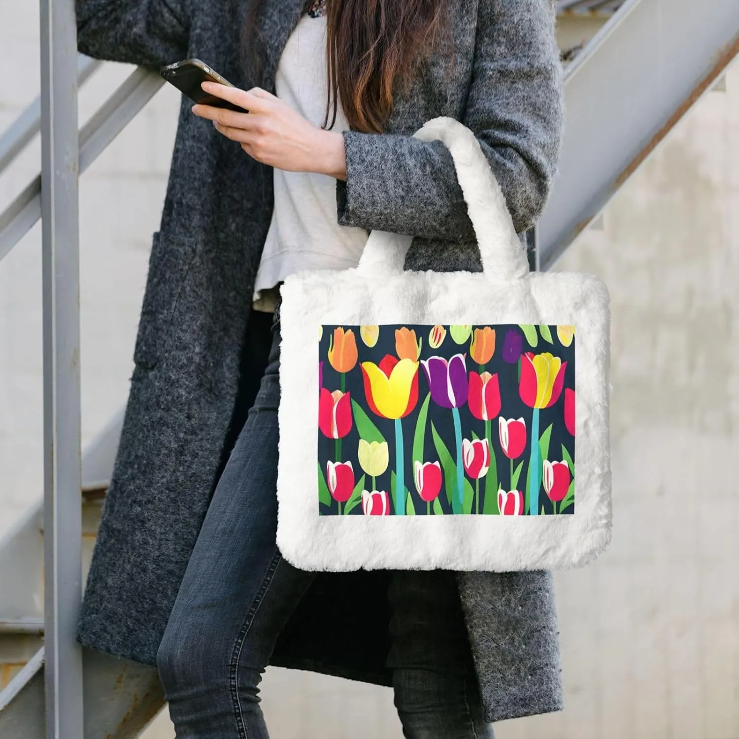 Colorful Tulips Printing Fluffy Shoulder Bag Ladies Plush Underarm Bag Tote Bag Furry Purse Handbag For Work Travel