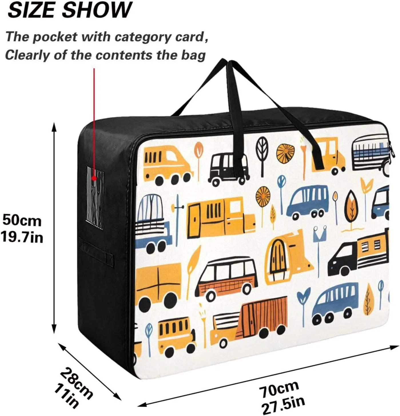 Colorful Vehicles Storage Bag, 27.5x19.7x11 in, Collapsible Moving Bags Zippered Storage Bag for Moving
