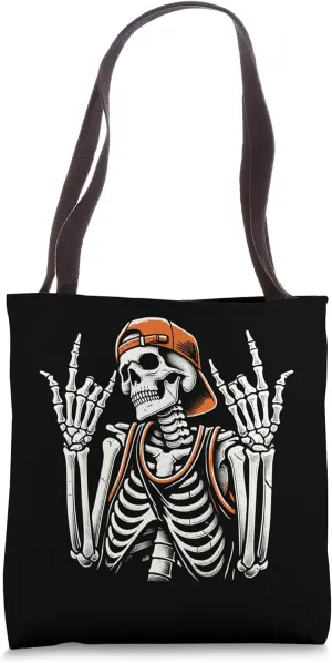 Confident Skeleton Rock Pose with Orange Cap Design Tote Bag