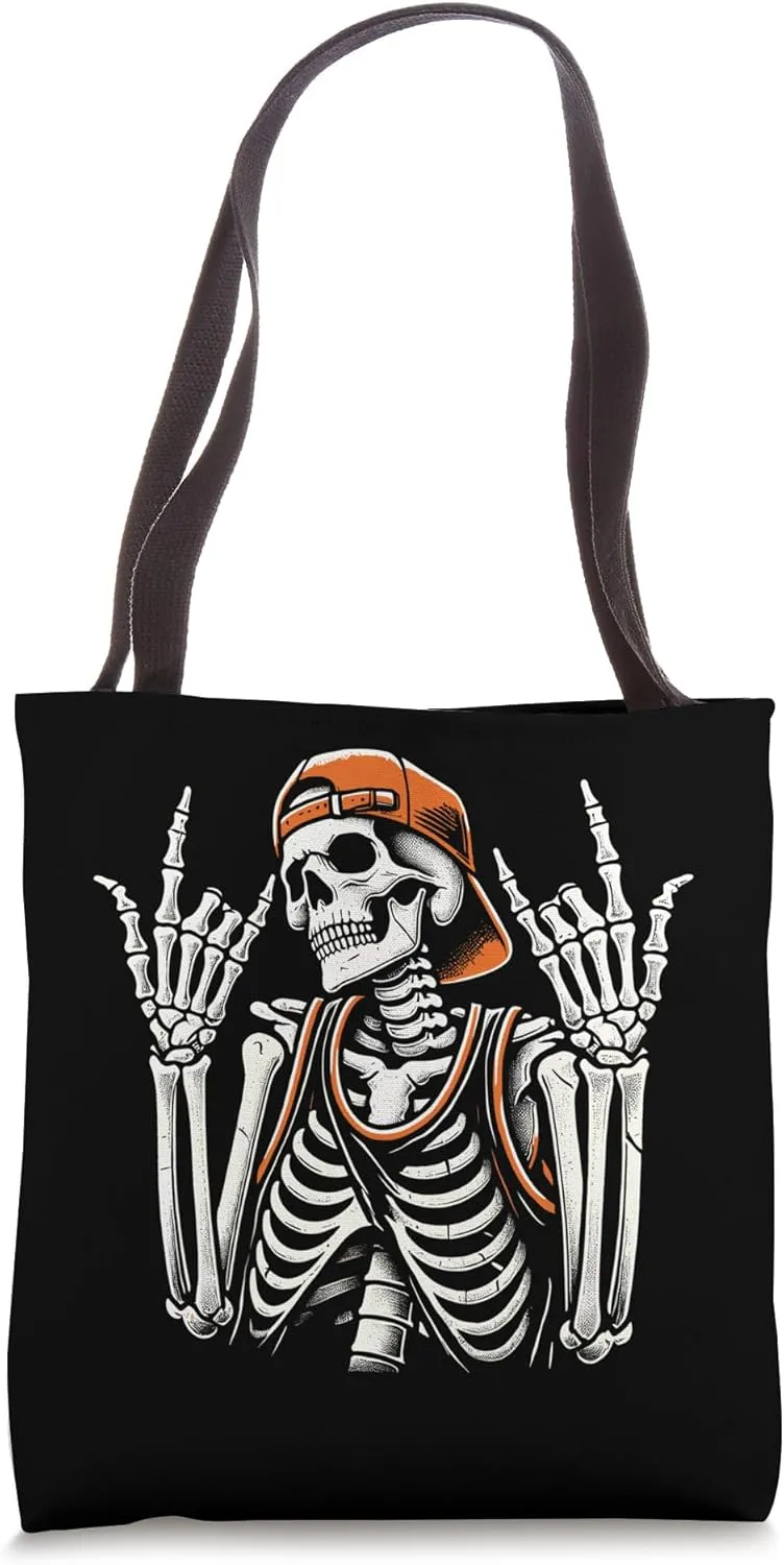 Confident Skeleton Rock Pose with Orange Cap Design Tote Bag