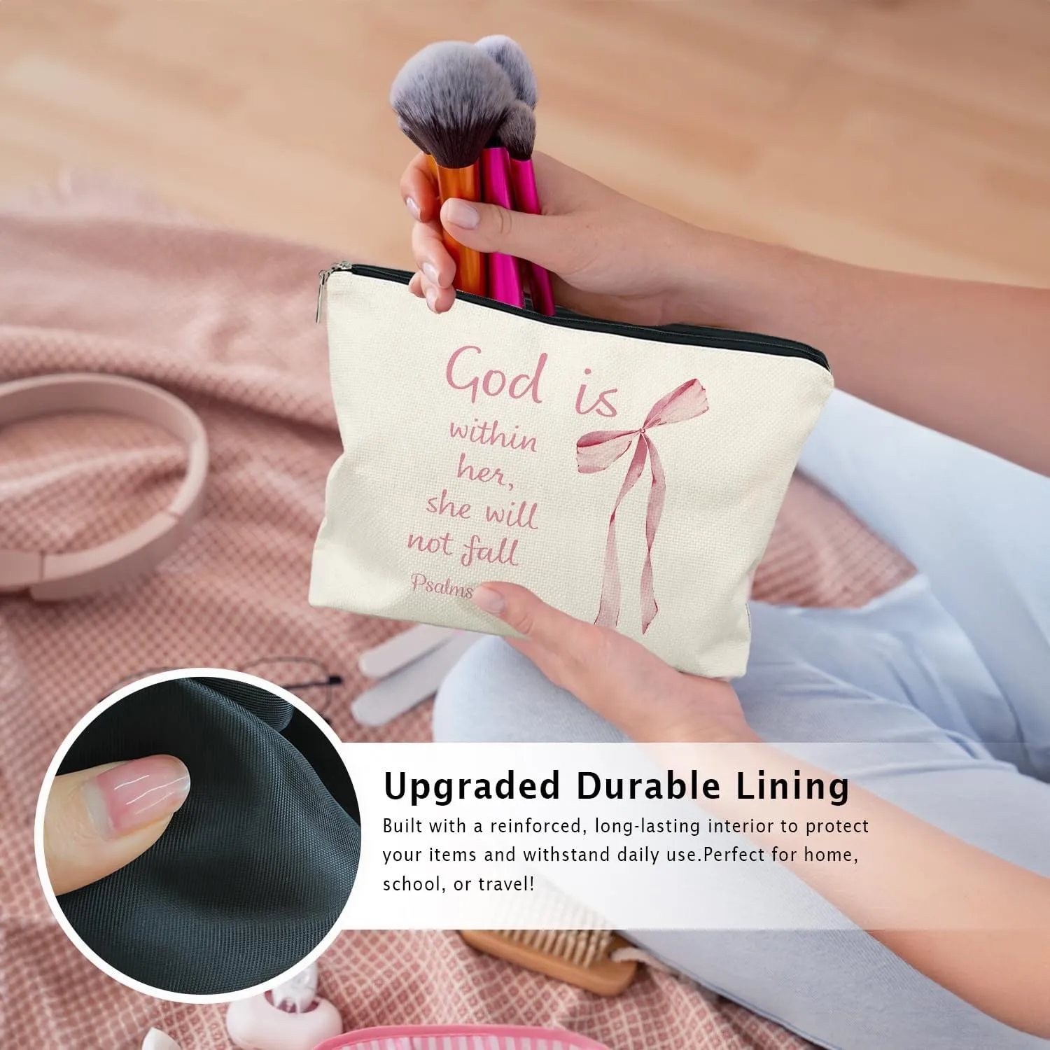 Coquette Pink Bow Christian Makeup Bag, God Is Within Her She Will Not Fall Cosmetic Bags for Women, Christian Bible Verse Gifts for Women, Preppy Aesthetic Zipper Makeup Pouch