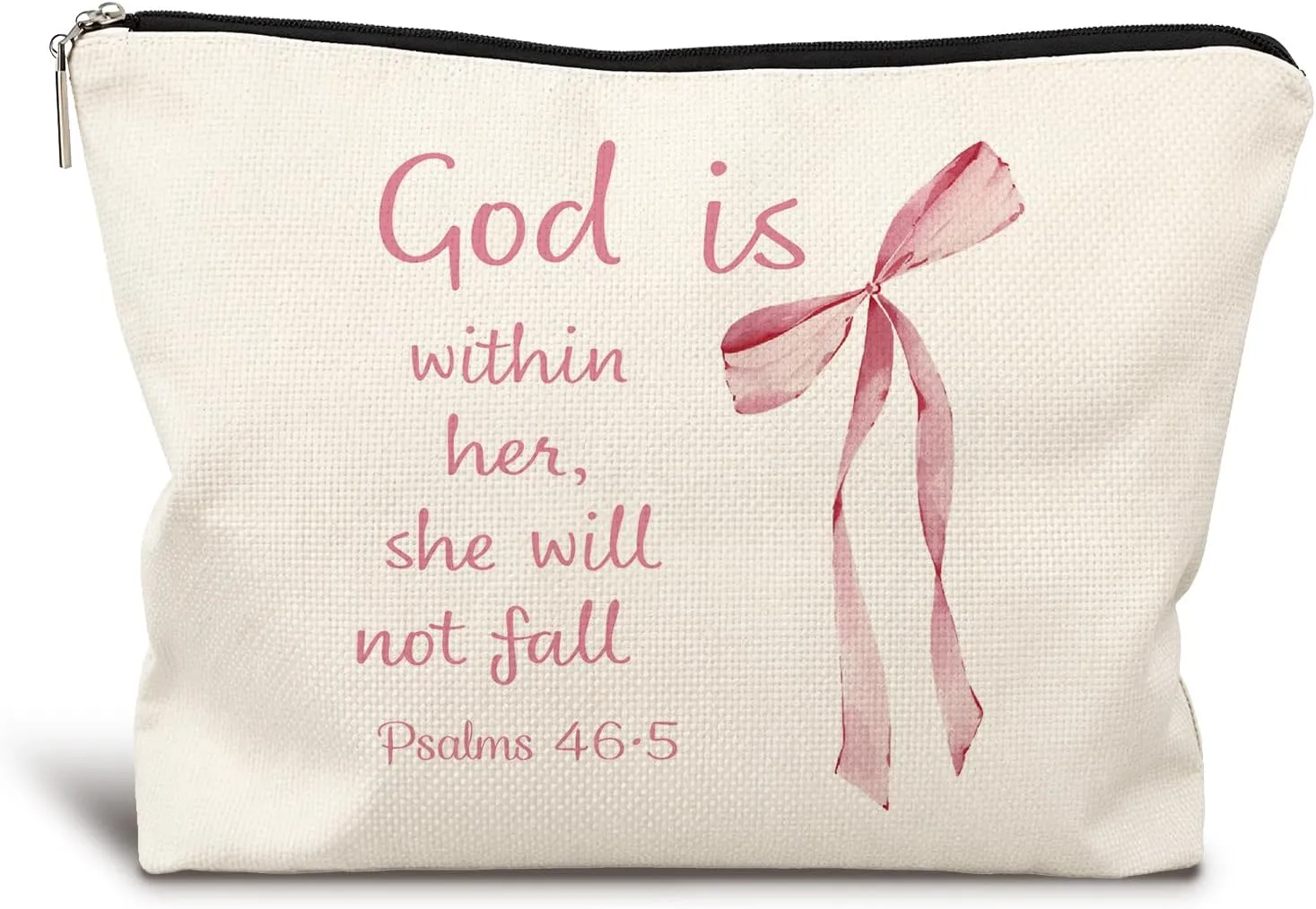 Coquette Pink Bow Christian Makeup Bag, God Is Within Her She Will Not Fall Cosmetic Bags for Women, Christian Bible Verse Gifts for Women, Preppy Aesthetic Zipper Makeup Pouch