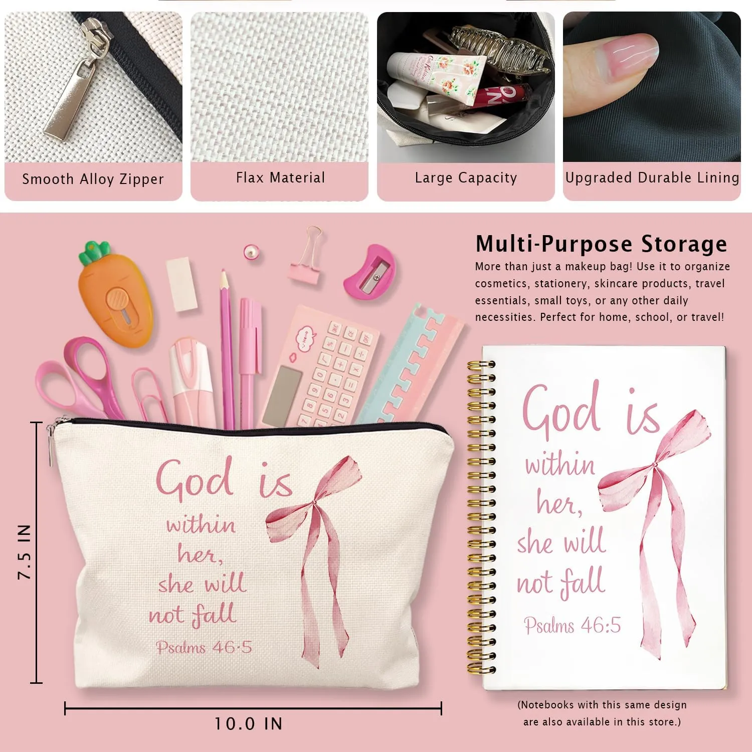 Coquette Pink Bow Christian Makeup Bag, God Is Within Her She Will Not Fall Cosmetic Bags for Women, Christian Bible Verse Gifts for Women, Preppy Aesthetic Zipper Makeup Pouch