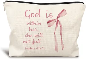 Coquette Pink Bow Christian Makeup Bag, God Is Within Her She Will Not Fall Cosmetic Bags for Women, Christian Bible Verse Gifts for Women, Preppy Aesthetic Zipper Makeup Pouch