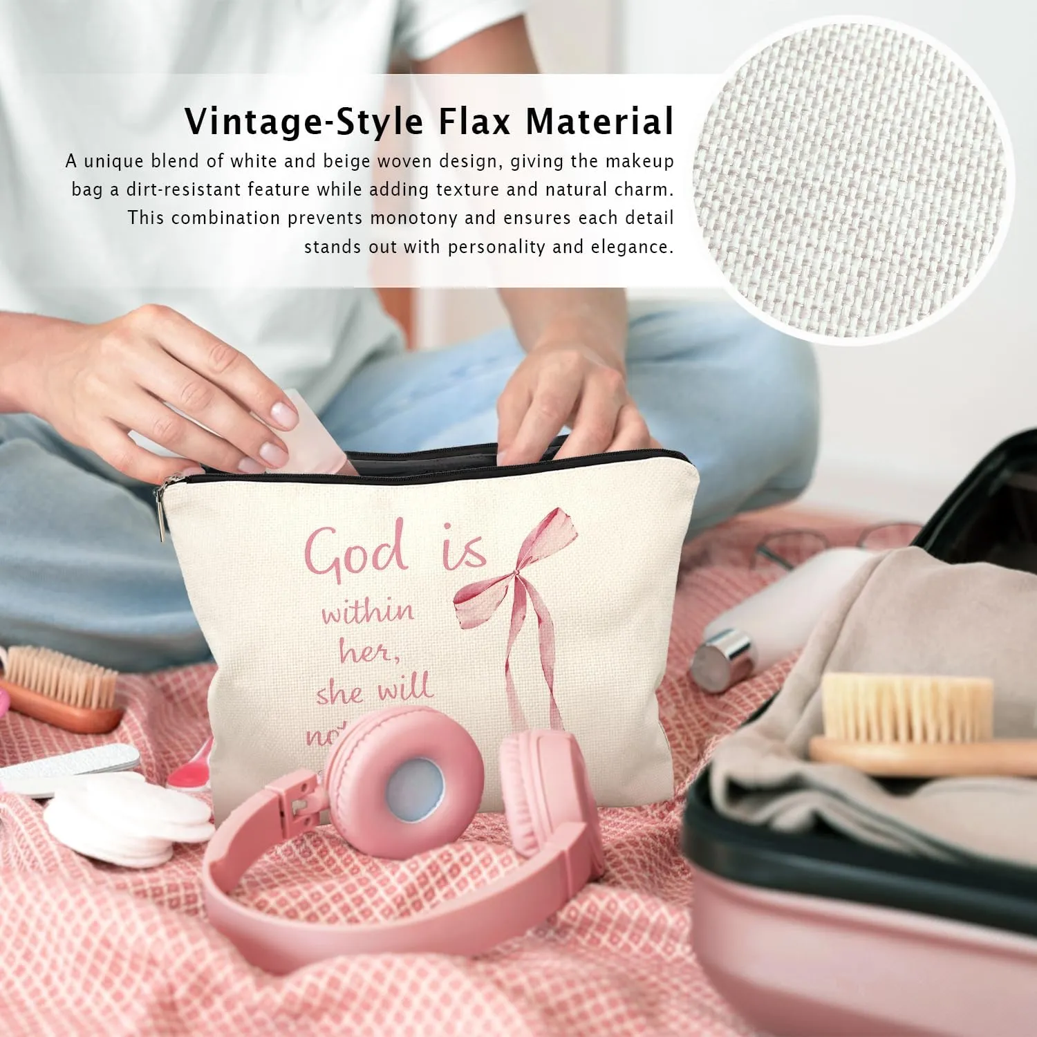 Coquette Pink Bow Christian Makeup Bag, God Is Within Her She Will Not Fall Cosmetic Bags for Women, Christian Bible Verse Gifts for Women, Preppy Aesthetic Zipper Makeup Pouch