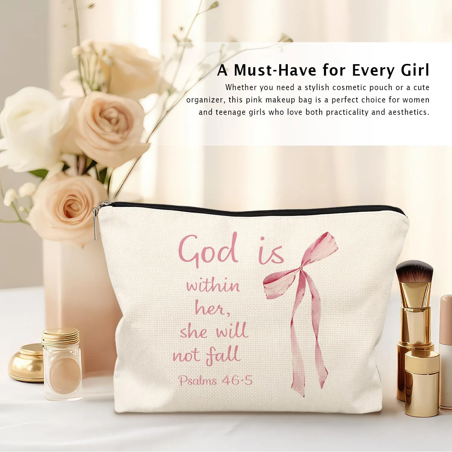 Coquette Pink Bow Christian Makeup Bag, God Is Within Her She Will Not Fall Cosmetic Bags for Women, Christian Bible Verse Gifts for Women, Preppy Aesthetic Zipper Makeup Pouch