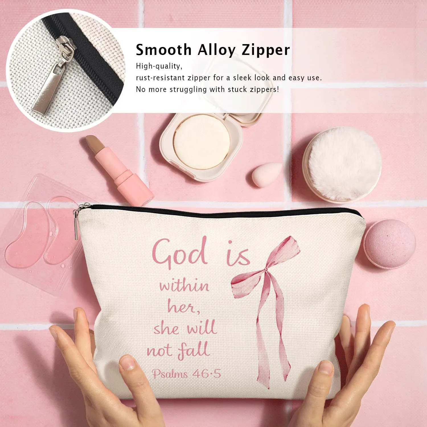 Coquette Pink Bow Christian Makeup Bag, God Is Within Her She Will Not Fall Cosmetic Bags for Women, Christian Bible Verse Gifts for Women, Preppy Aesthetic Zipper Makeup Pouch