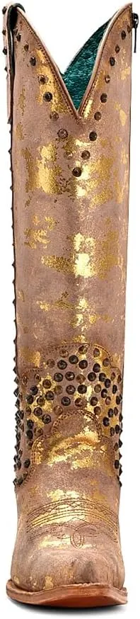CORRAL LADIE'S SAND-GOLADIE'S TOUCHES EMBROIDERY & STUDS & ZIPPER TALL TOP POINTED TOE, LEATHER SOLE, COWHIDE LEATHER, URBAN BOOTS, C4135