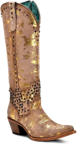 CORRAL LADIE'S SAND-GOLADIE'S TOUCHES EMBROIDERY & STUDS & ZIPPER TALL TOP POINTED TOE, LEATHER SOLE, COWHIDE LEATHER, URBAN BOOTS, C4135
