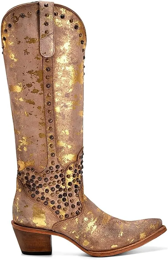 CORRAL LADIE'S SAND-GOLADIE'S TOUCHES EMBROIDERY & STUDS & ZIPPER TALL TOP POINTED TOE, LEATHER SOLE, COWHIDE LEATHER, URBAN BOOTS, C4135