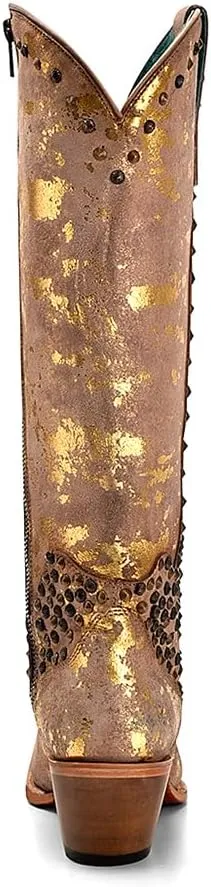 CORRAL LADIE'S SAND-GOLADIE'S TOUCHES EMBROIDERY & STUDS & ZIPPER TALL TOP POINTED TOE, LEATHER SOLE, COWHIDE LEATHER, URBAN BOOTS, C4135