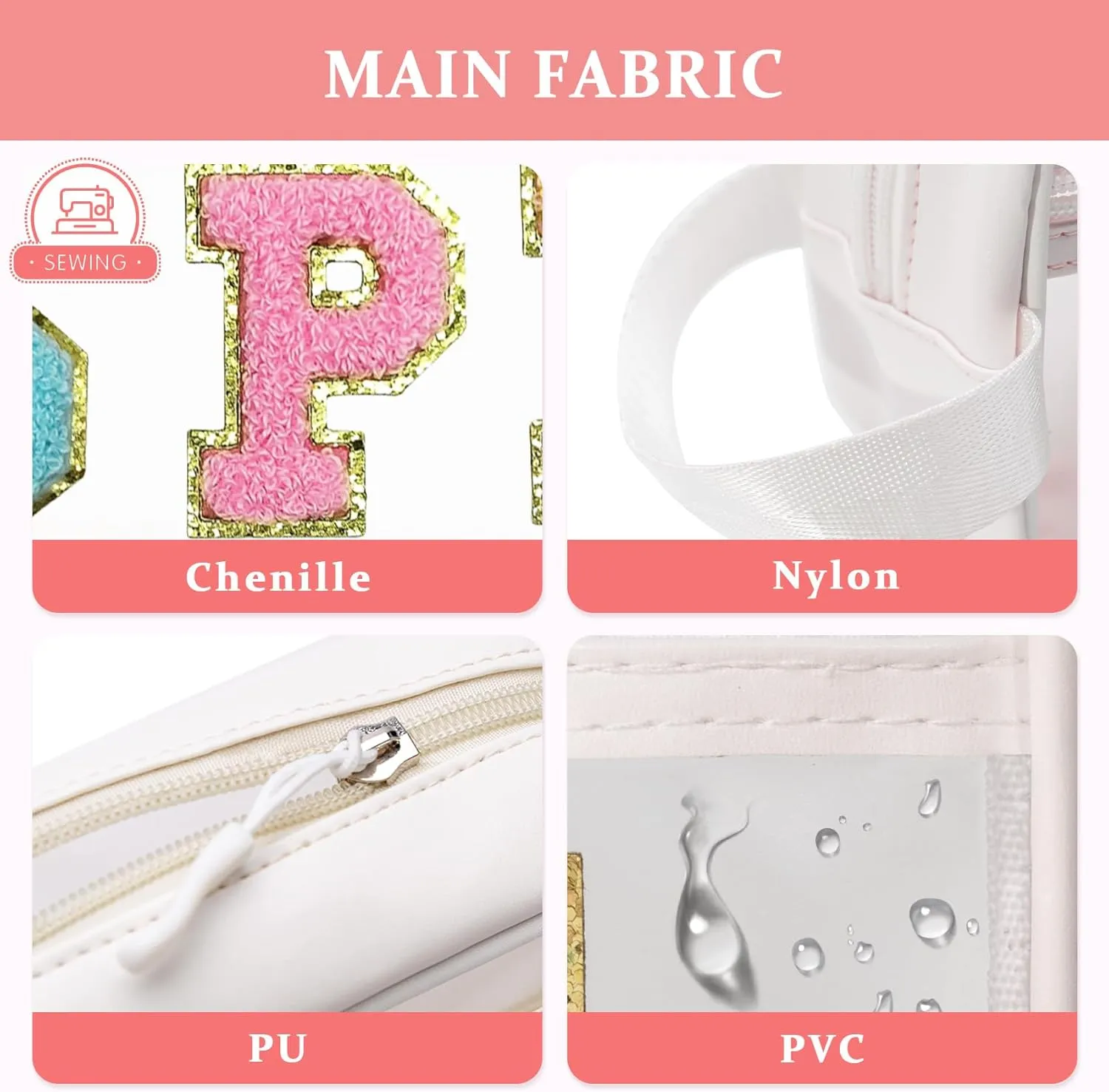 COSHAYSOO Clear SPF Makeup Bag Sunscreen Cosmetic SUN Zipper Pouch with Preppy Chenille Letter Patch, Small Beach Travel Purse Gifts for Women Teens, Cute Toiletry Make Up Traveling Stuff Organizer