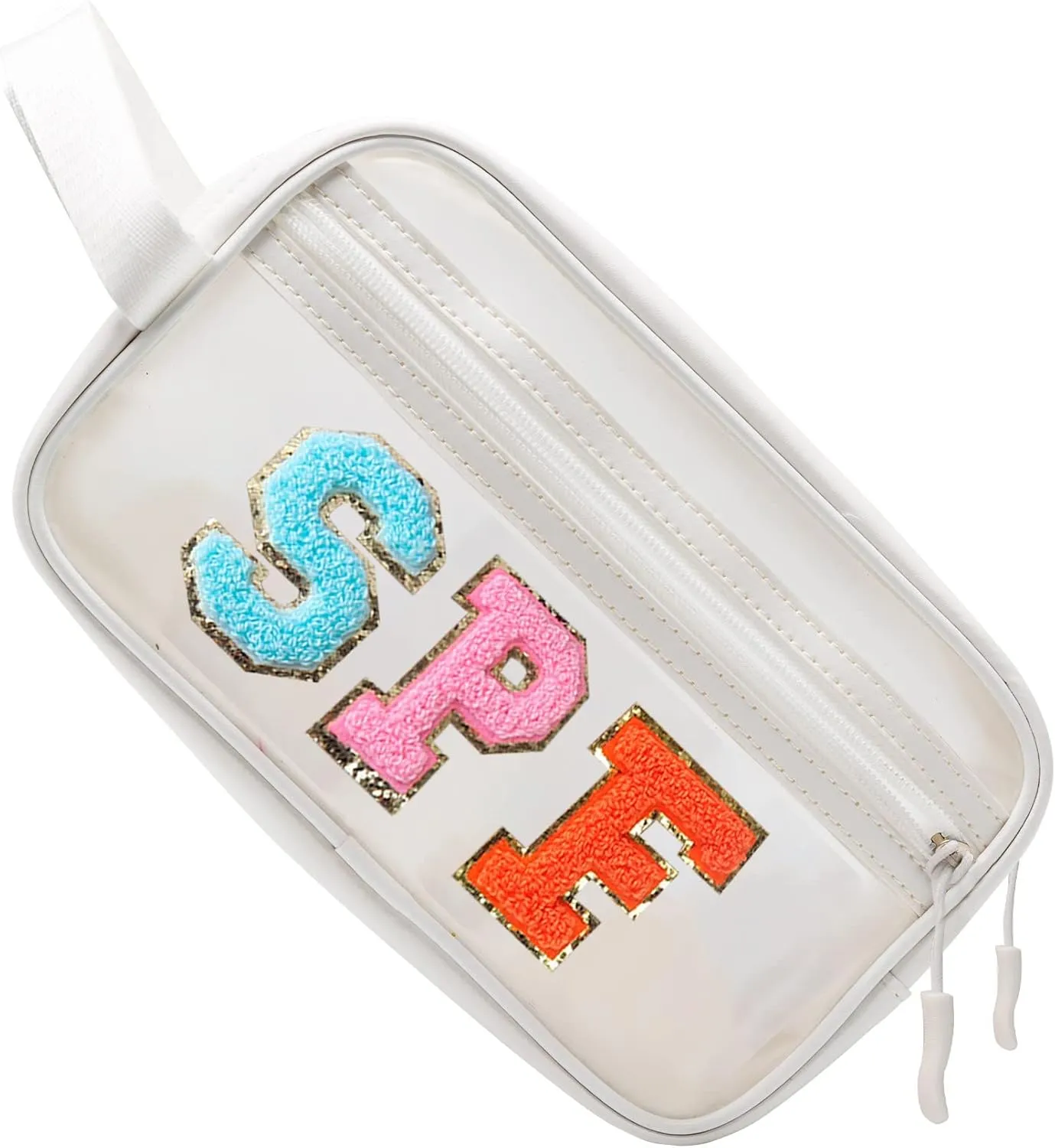 COSHAYSOO Clear SPF Makeup Bag Sunscreen Cosmetic SUN Zipper Pouch with Preppy Chenille Letter Patch, Small Beach Travel Purse Gifts for Women Teens, Cute Toiletry Make Up Traveling Stuff Organizer
